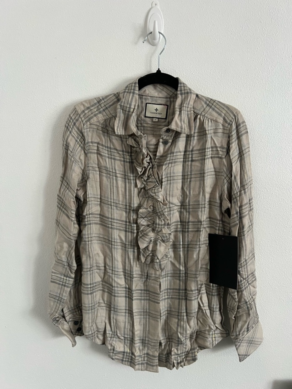 Tuckernuck Beige Plaid Ruffle Button-Down Shirt, size S and M - Picture 2 of 8